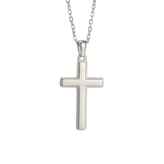 Men's silver classic cross necklace on white background