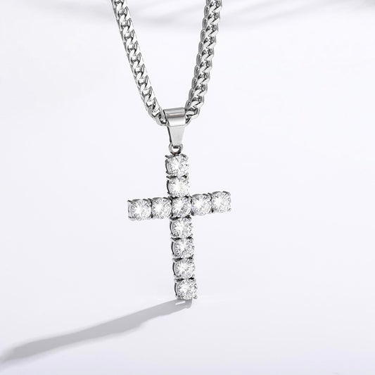 Silver zircon cross necklace with silver Franco chain, stainless steel, faith jewelry for men