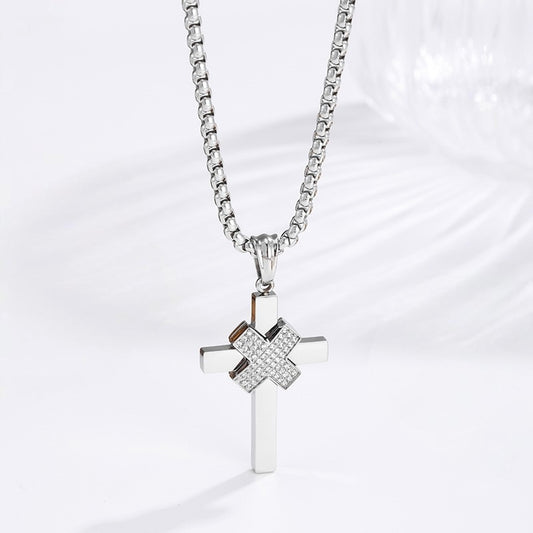 X Pave Cross Necklace - Silver on white background angle view