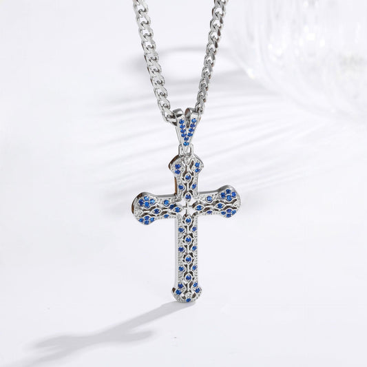 Silver hollow zircon cross necklace with blue stones on curb chain, stainless steel, faith jewelry for men