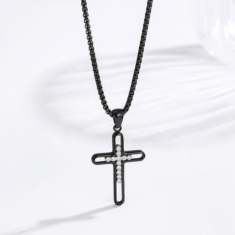 Hollow Zircon Cross Necklace — Black PVD lifestyle shot