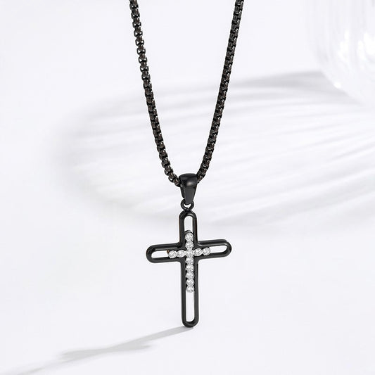 Hollow Zircon Cross Necklace — Black PVD lifestyle shot