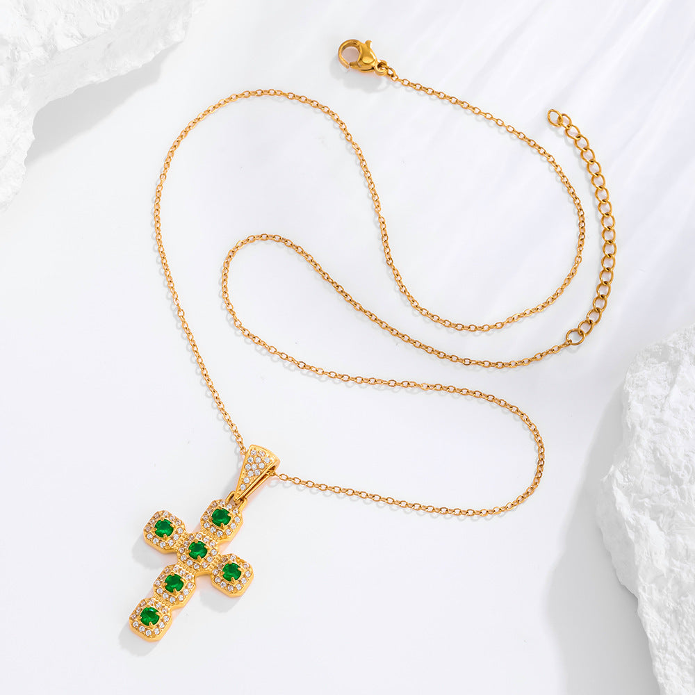 Gold emerald cross necklace with green zircon stones and white pave, stainless steel, faith jewelry for men