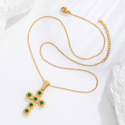 Gold emerald cross necklace with green zircon stones and white pave, stainless steel, faith jewelry for men
