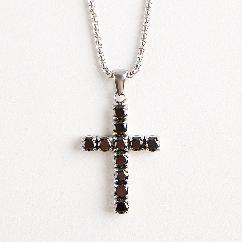 Round Zircon Cross Necklace — Black round zircon stones on silver box chain
