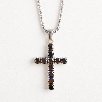 Round Zircon Cross Necklace — Black round zircon stones on silver box chain