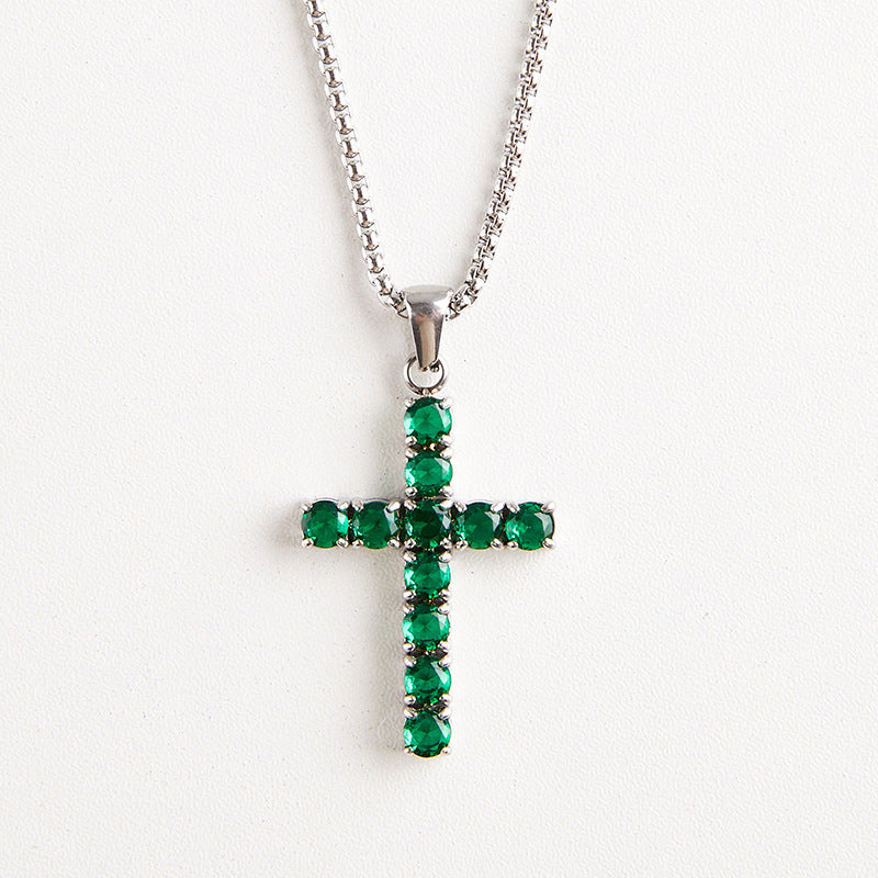 Round Zircon Cross Necklace — Forest Green round zircon stones on silver box chain