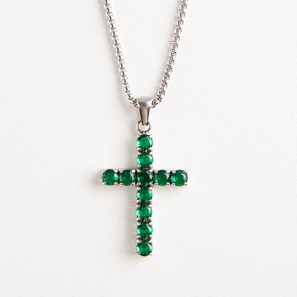 Round Zircon Cross Necklace — Forest Green round zircon stones on silver box chain