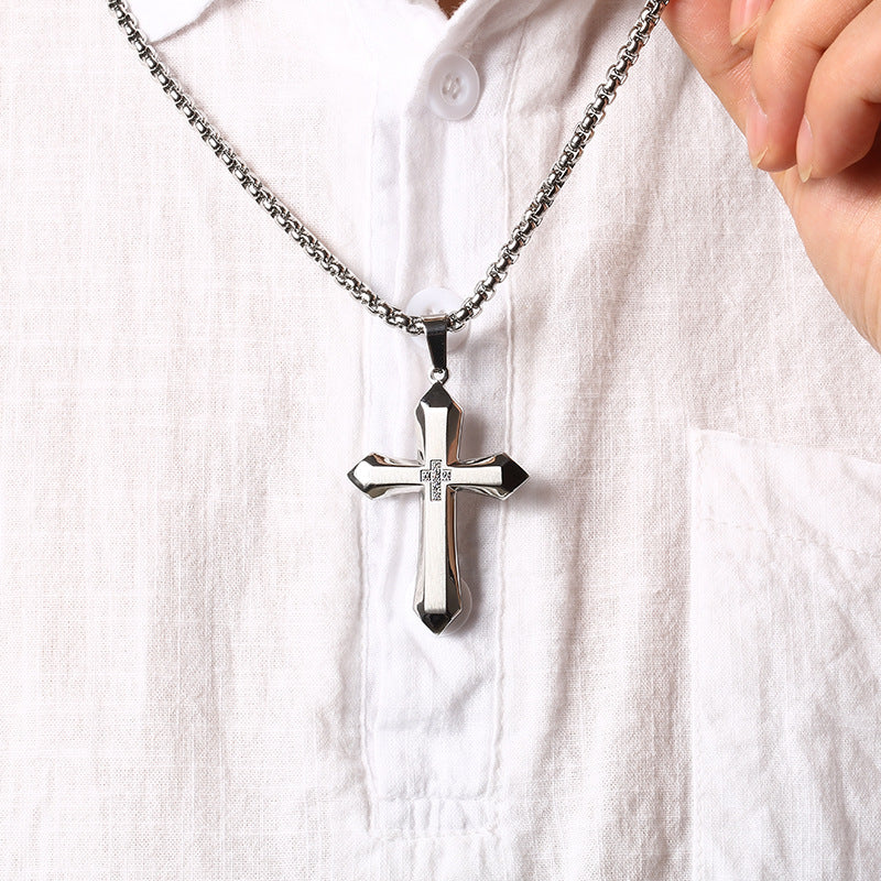 Black Faceted Cross Necklace worn on shirt — Cross of Grace