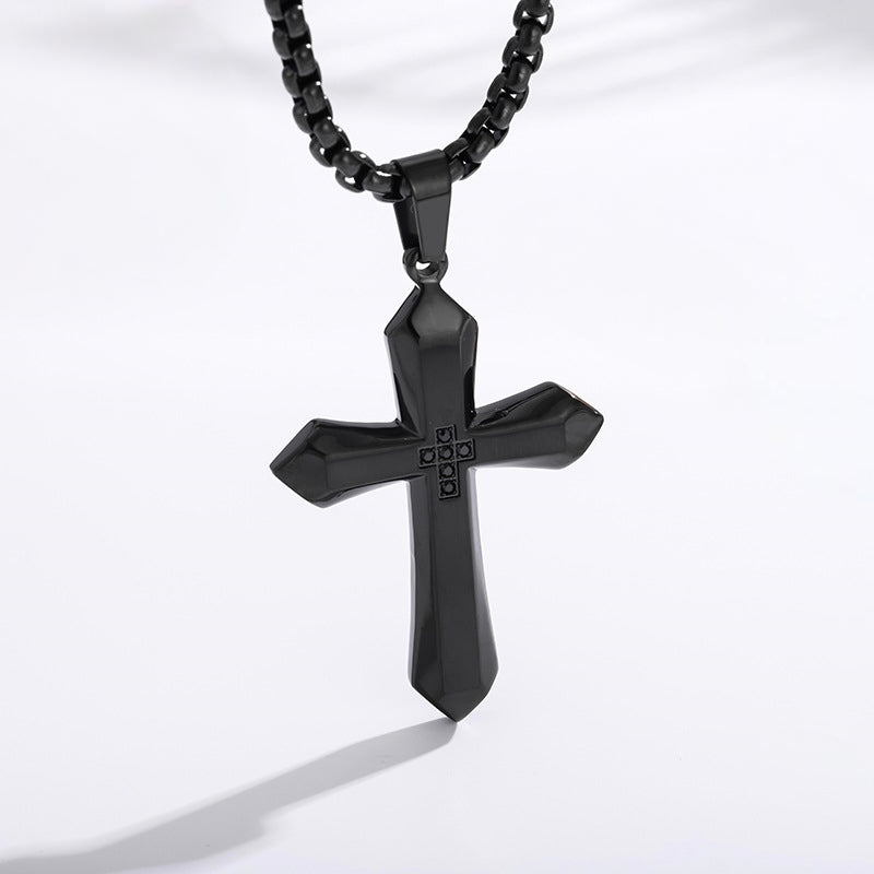 Black Faceted Cross Necklace on white background — Cross of Grace