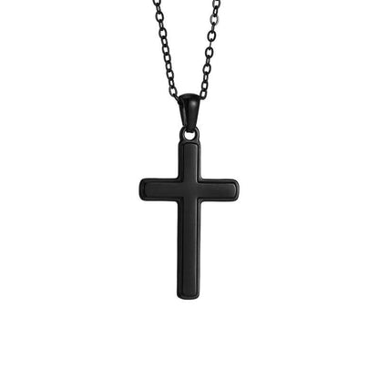 Men's black classic cross necklace on white background
