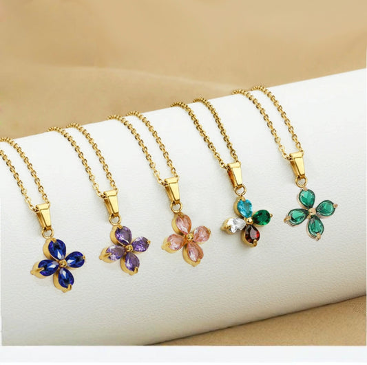 Zircon Clover Flower Necklace in multiple colors on gold chain — Cross of Grace