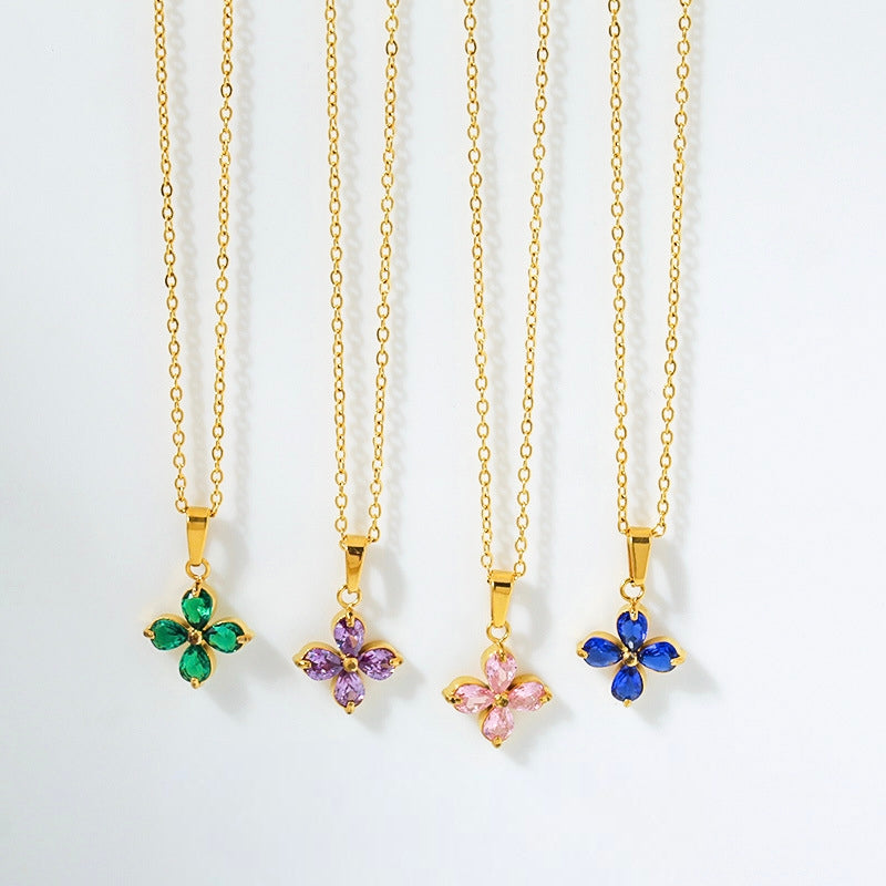Zircon Clover Flower Necklace in green, purple, and pink zircon on gold chain — Cross of Grace