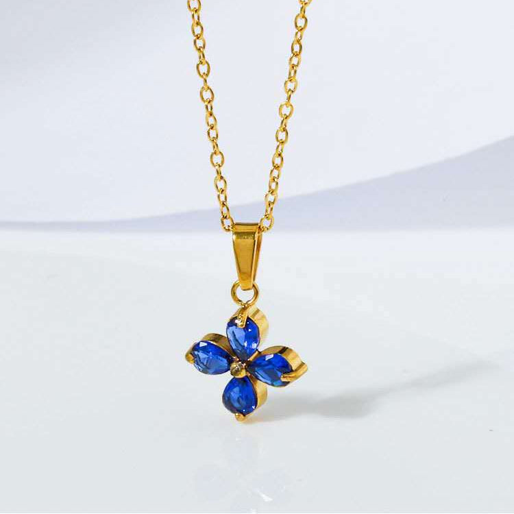 Zircon Clover Flower Necklace blue zircon pendant on gold chain — Cross of Grace