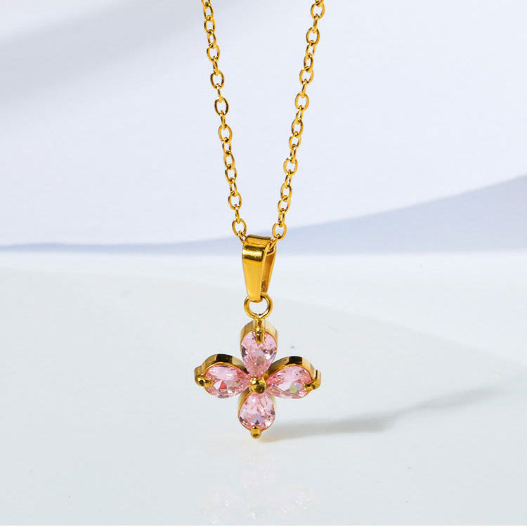 Zircon Clover Flower Necklace pink zircon pendant on gold chain — Cross of Grace
