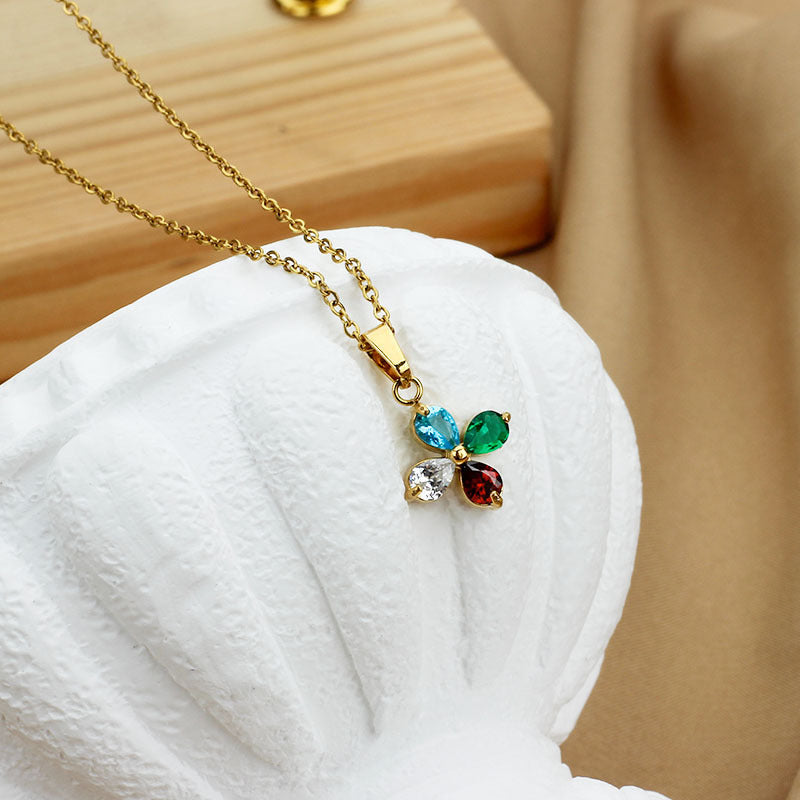 Zircon Clover Flower Necklace multicolor zircon pendant on gold chain — Cross of Grace