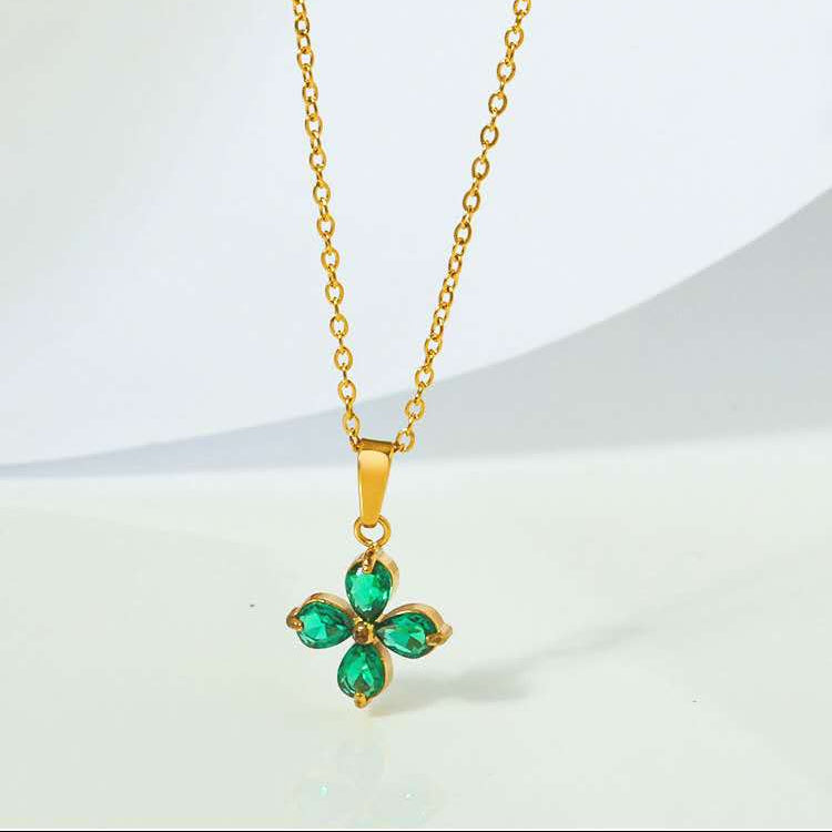 Zircon Clover Flower Necklace green zircon pendant on gold chain — Cross of Grace