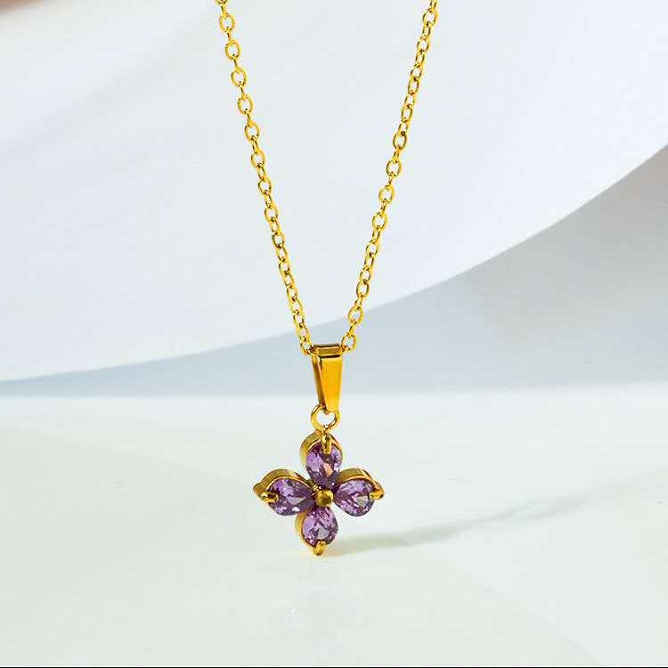 Zircon Clover Flower Necklace multicolor zircon pendant on gold chain — Cross of Grace