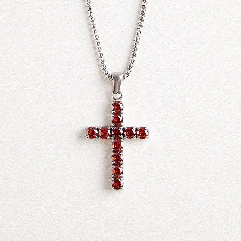 Round Zircon Cross Necklace — Garnet Red round zircon stones on silver box chain