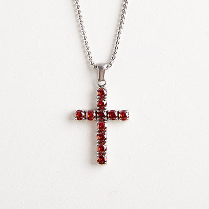 Round Zircon Cross Necklace — Garnet Red round zircon stones on silver box chain