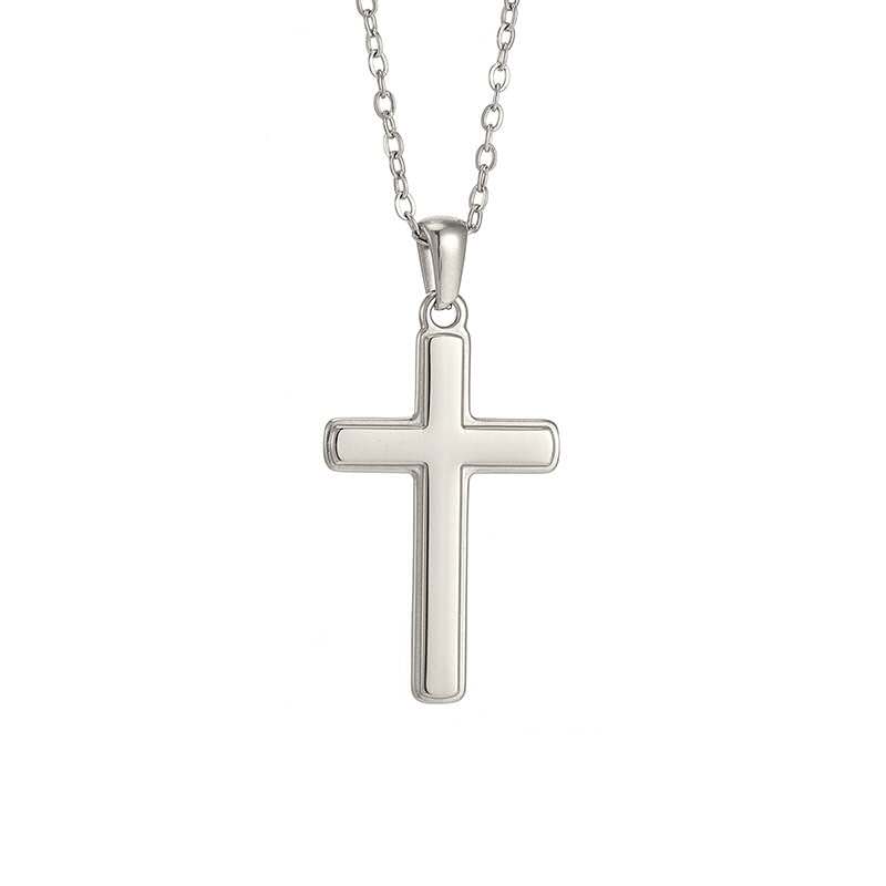 Men's silver classic cross necklace on white background