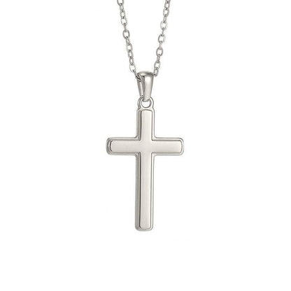 Men's silver classic cross necklace on white background