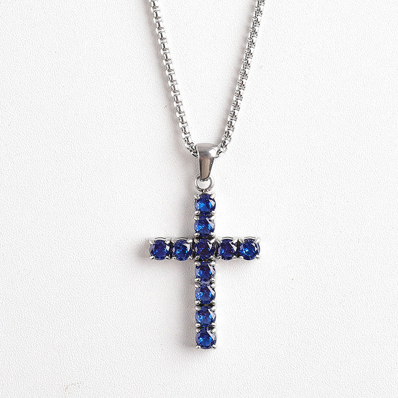Round Zircon Cross Necklace — Deep Sea Blue round zircon stones on silver box chain