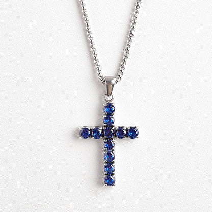 Round Zircon Cross Necklace — Deep Sea Blue round zircon stones on silver box chain