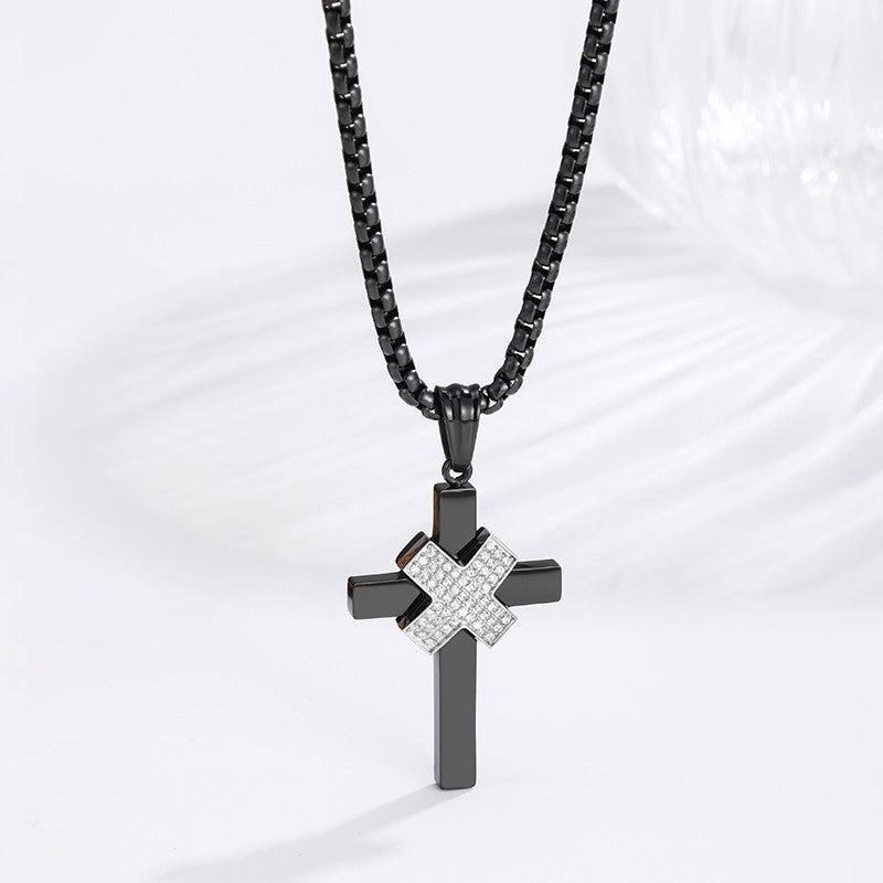 X Pave Cross Necklace - Black on white background angle view