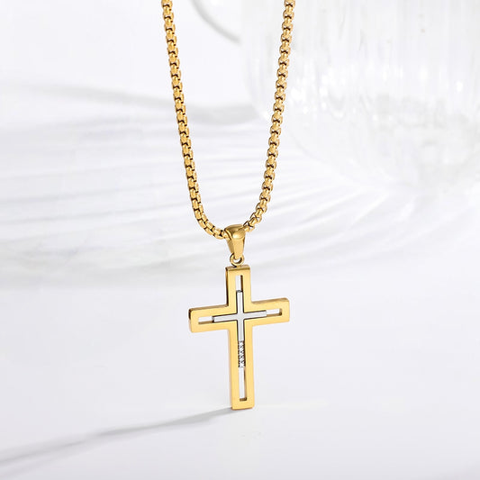 Bold Cross Necklace gold-steel two-tone cross pendant on box chain — Cross of Grace