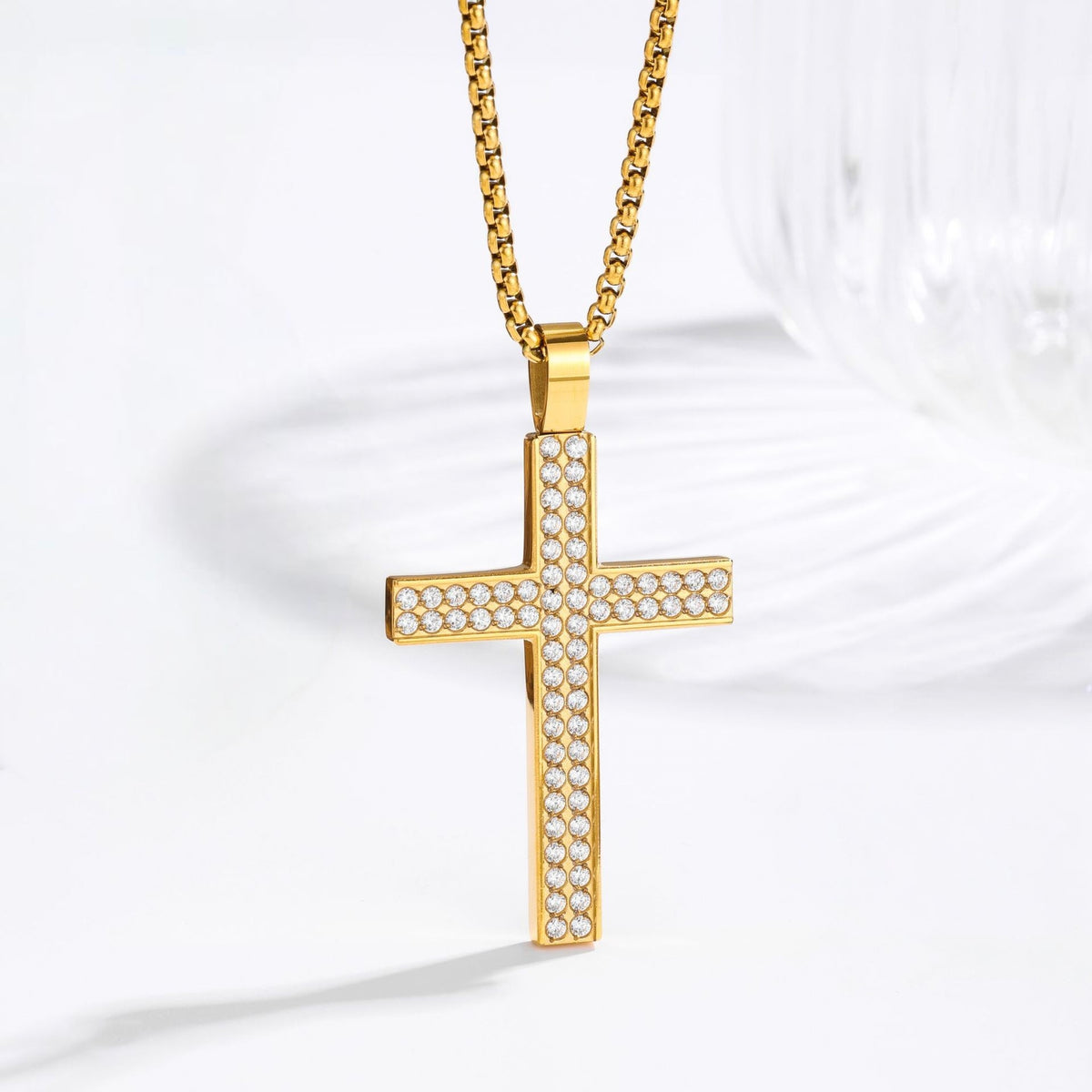 Iced Out Zircon Cross Necklace — 18K Gold PVD detail shot