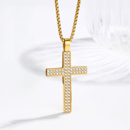 Iced Out Zircon Cross Necklace — 18K Gold PVD detail shot