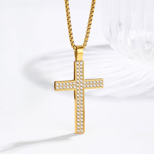 Iced Out Zircon Cross Necklace — 18K Gold PVD detail shot