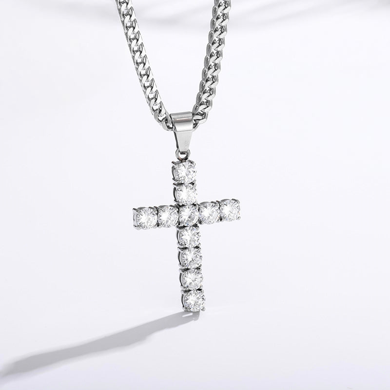 Silver zircon cross necklace with silver Franco chain, stainless steel, faith jewelry for men