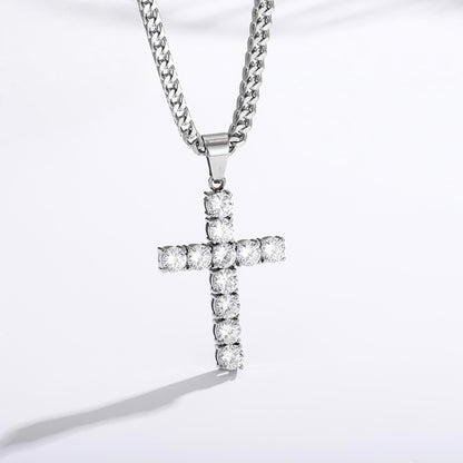 Silver zircon cross necklace with silver Franco chain, stainless steel, faith jewelry for men
