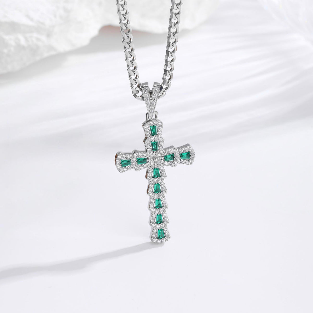 Zircon Cross Necklace - Silver Green