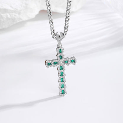 Zircon Cross Necklace - Silver Green