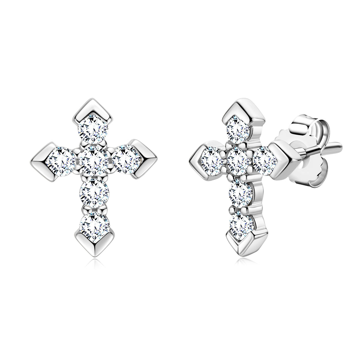 Moissanite cross stud earrings close-up – S925 sterling silver, GRA certified, Cross of Grace