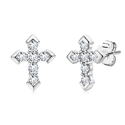 Moissanite cross stud earrings close-up – S925 sterling silver, GRA certified, Cross of Grace