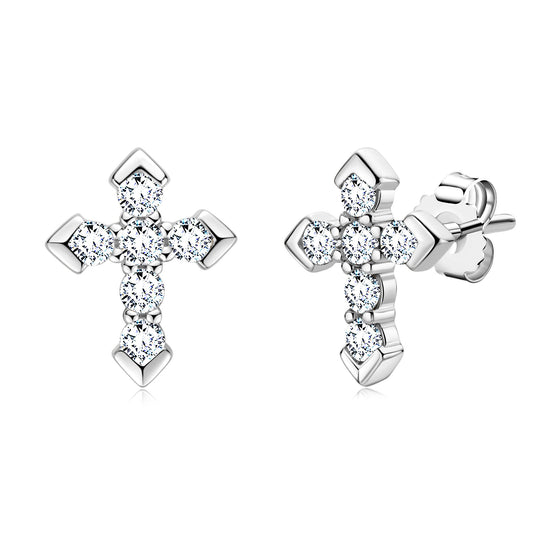 Moissanite cross stud earrings close-up – S925 sterling silver, GRA certified, Cross of Grace
