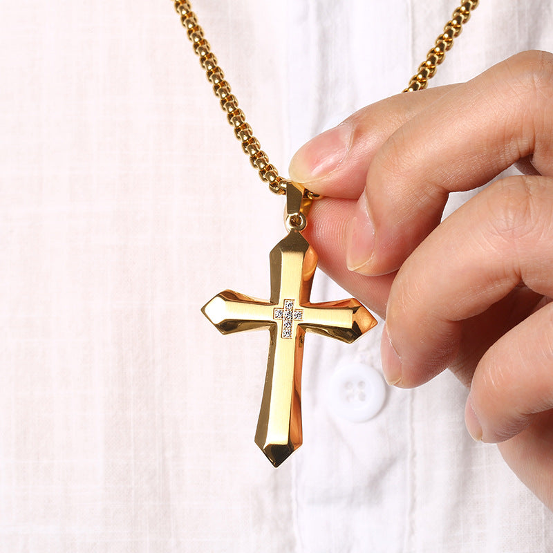 Gold Faceted Cross Necklace close-up detail — Cross of Grace