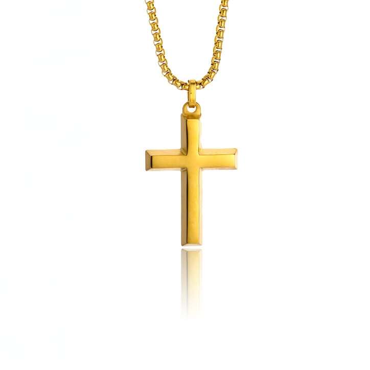 Men's gold cross necklace worn around neck
