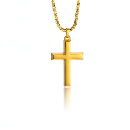 Men's gold cross necklace worn around neck