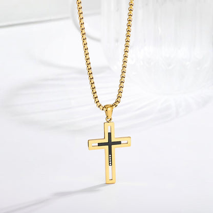 Bold Cross Necklace black-gold cross pendant on gold box chain — Cross of Grace