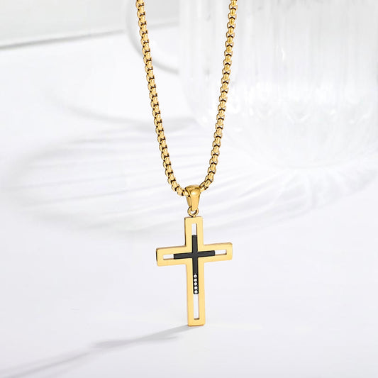 Bold Cross Necklace black-gold cross pendant on gold box chain — Cross of Grace