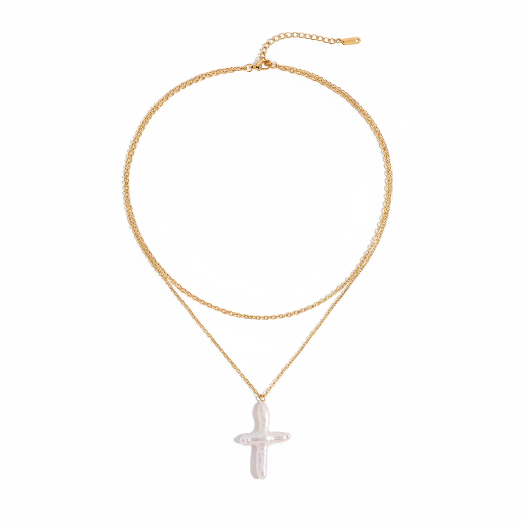 Freshwater Pearl Cross Necklace - double layer chain 316L stainless steel