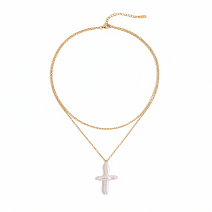 Freshwater Pearl Cross Necklace - double layer chain 316L stainless steel