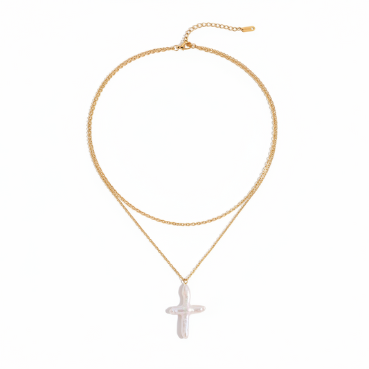Freshwater Pearl Cross Necklace - double layer chain 316L stainless steel