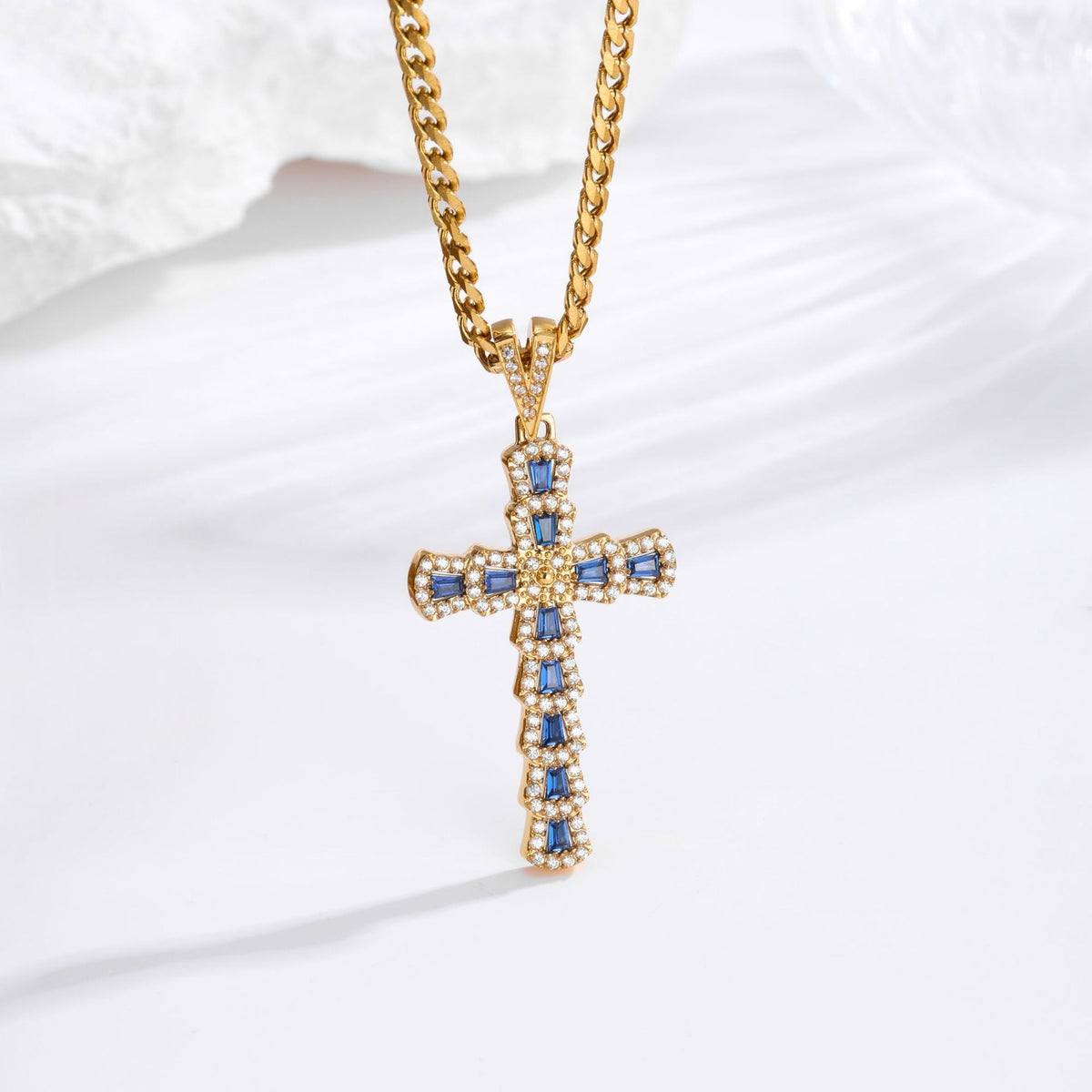 Zircon Cross Necklace - Gold Blue