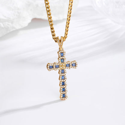 Zircon Cross Necklace - Gold Blue